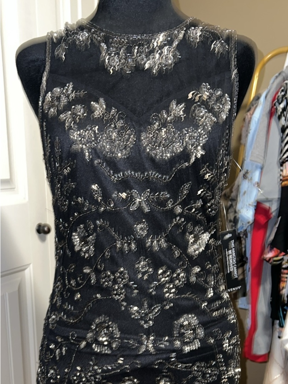 VENUS Black Sheer Neck Sequin Embroidered Maxi Dress